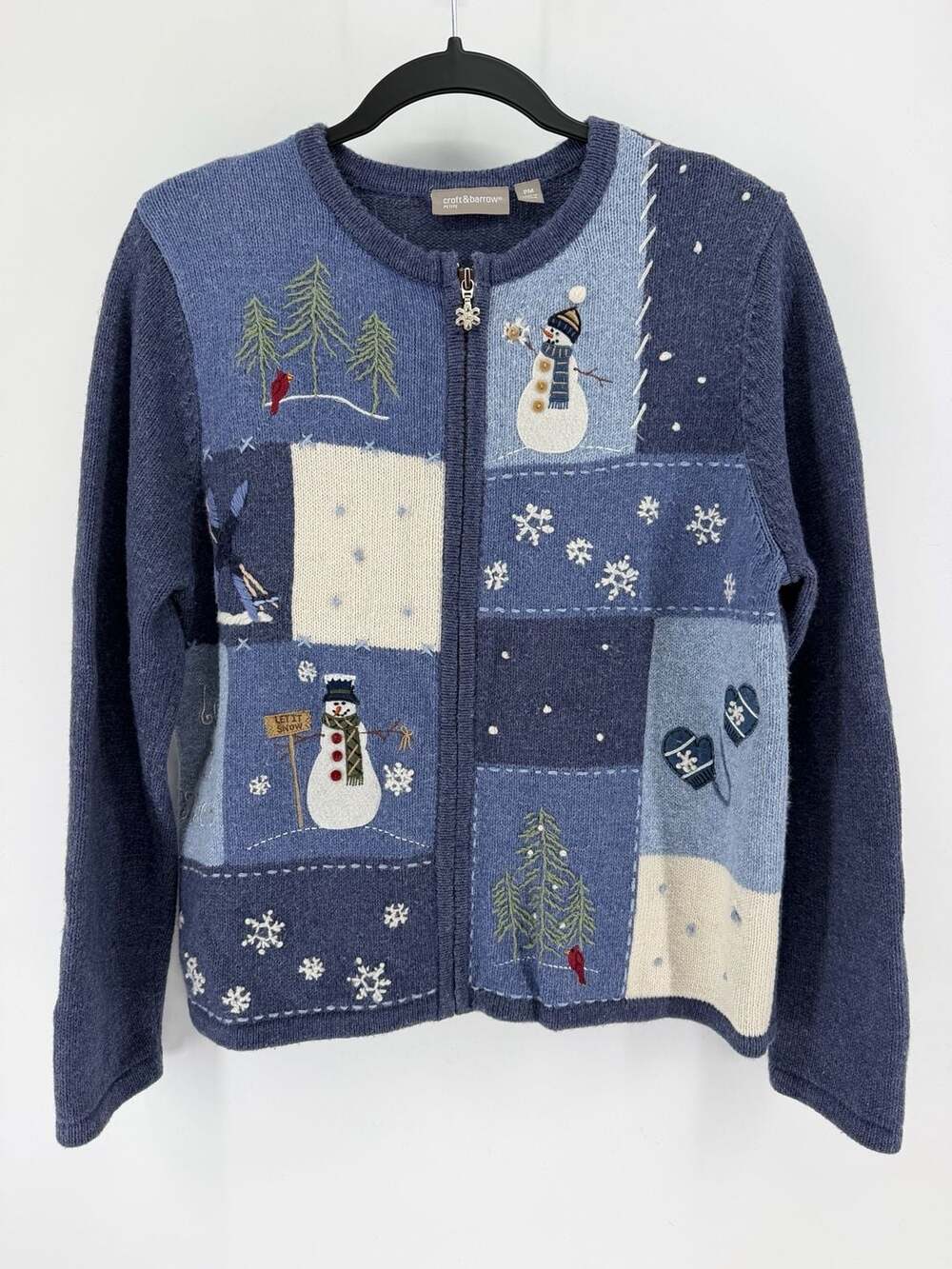 Croft & Barrow Petite PM Blue Snowman Winter Patchwork Zip Sweater Cottagecore